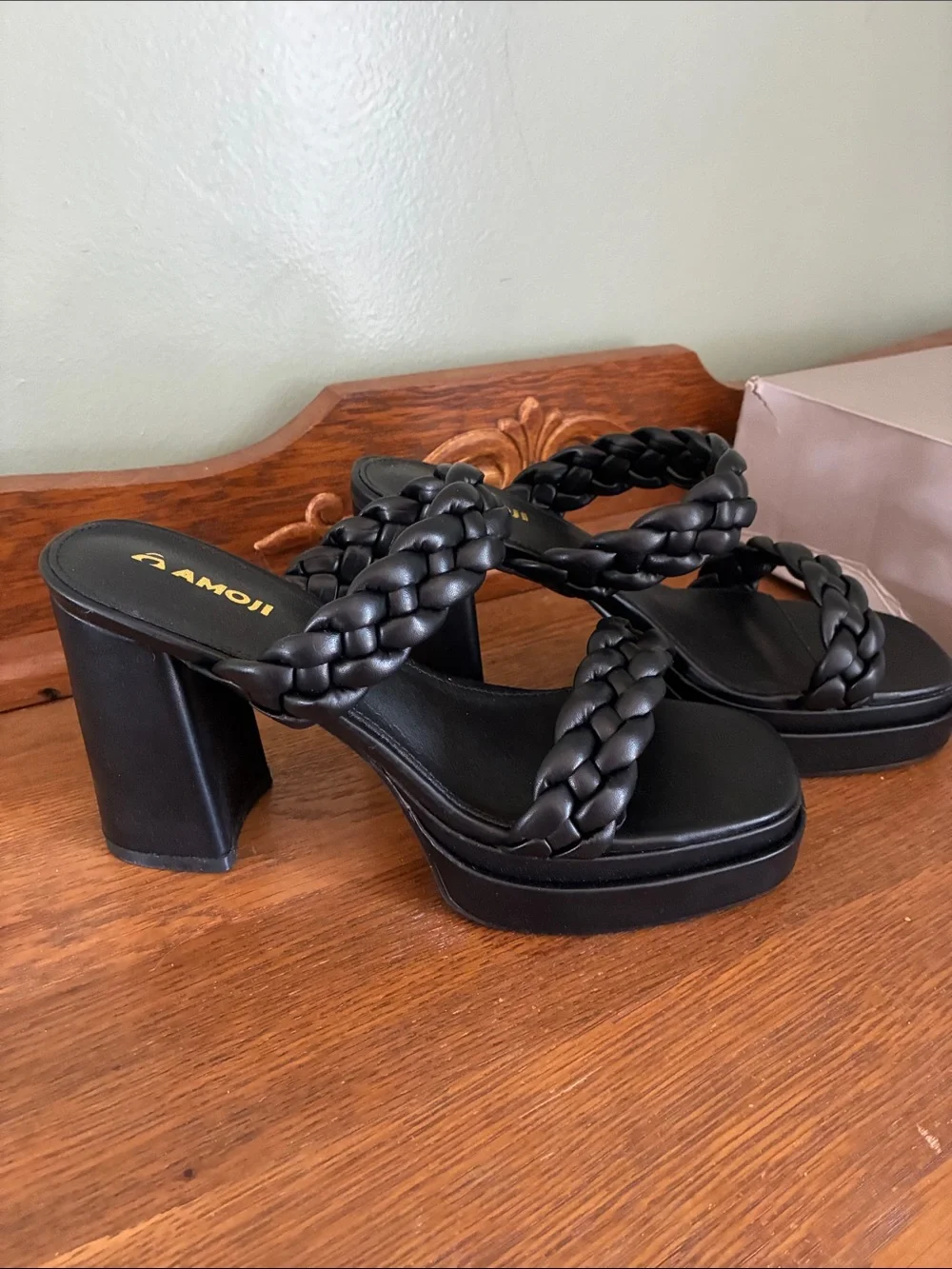 Braided Strap Black Platform Block Heels for Women
